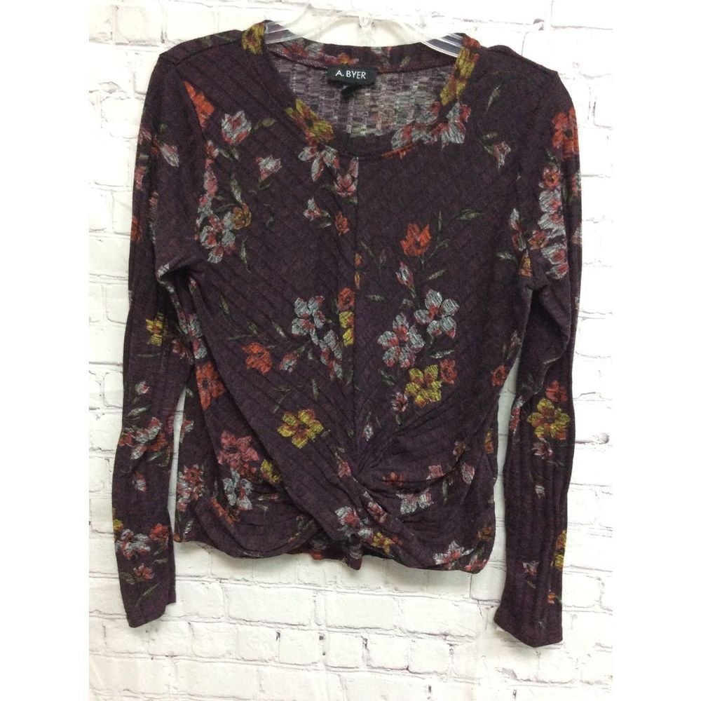 A. Byer Womens Stretch Ribbed Brown Floral Print LS Twist Front Shirt Top Size L